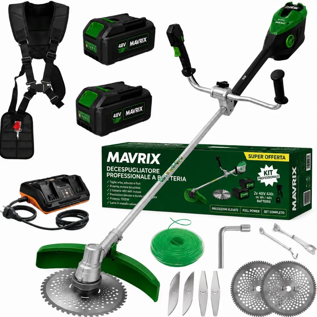 Kit completo Mavrix decespugliatore professionale 48V con doppia batteria 4Ah e accessori